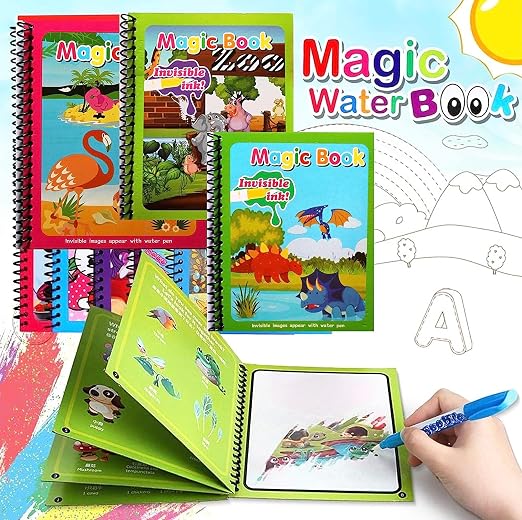 Magic Water Coloring Book Reusable Aqua Painting Books with Water Pen for Toddlers & Kids